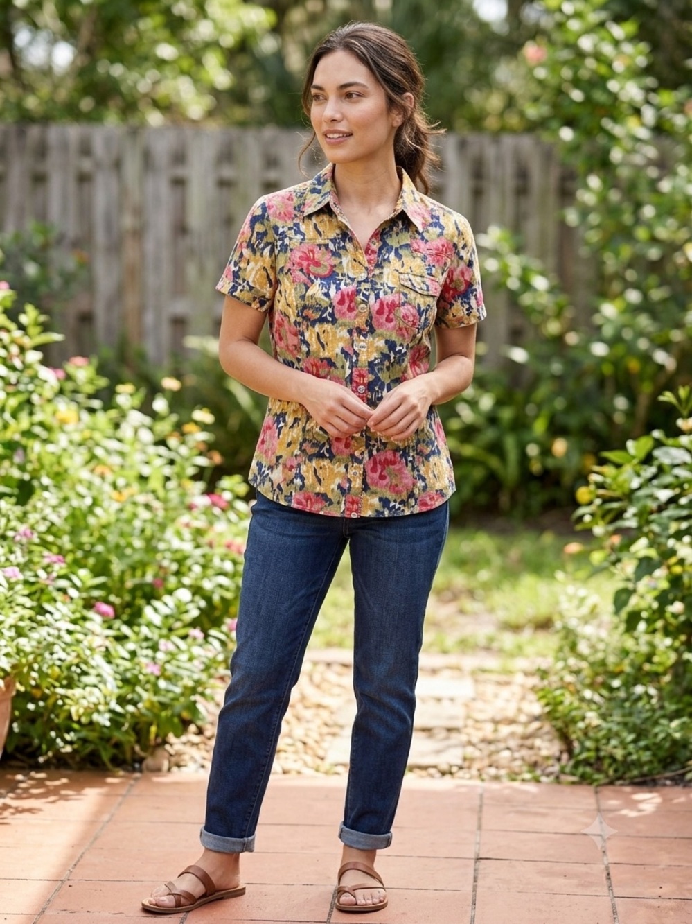 Style & Co. 100% Cotton Floral Pearl Snap Top Boho Watercolor Blouse 6P